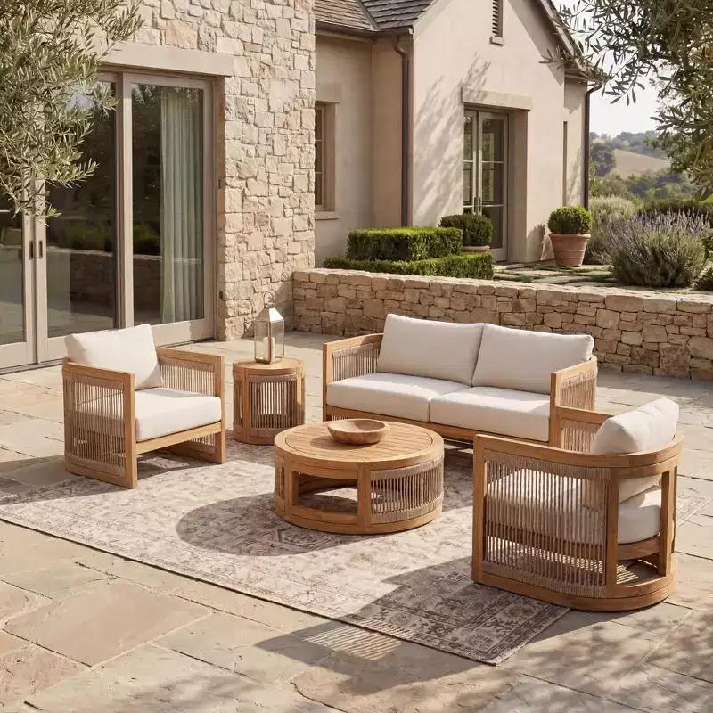 Christopher Knight Home Swedy 5 Piece Outdoor Acacia Wood Curved Tub Design Seating Set with Woven Rope