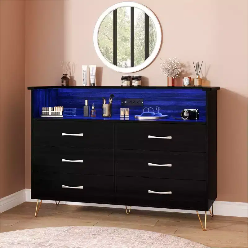 Modern 6 Drawer Dresser with LED Lights & Charging Station - 3 Outlets,2 USB Ports,Color Changing Lights,Open Shelves Stand wStylish Storage Dresser