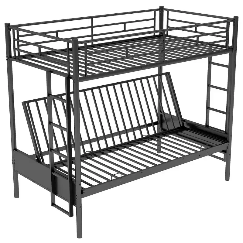 Twin over Full Metal Bunk Bed with Adjustable Lower Bunk – Black, Multi-Function