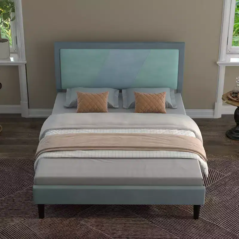 Full Size Platform Bed Frame with Adjustable Height Headboard, Velvet Upholstered