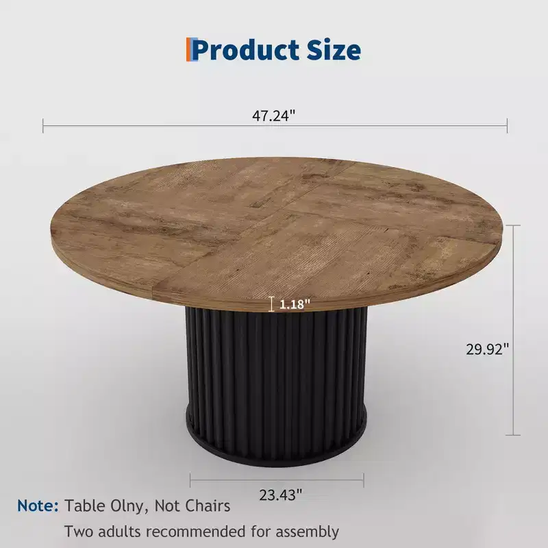 47 Round Dining Table for 4-6 People, Dining Room Table with Waveform Metal Pedestal Base, Farmhouse Circle Kitchen Table for Dining Room, Kitchen