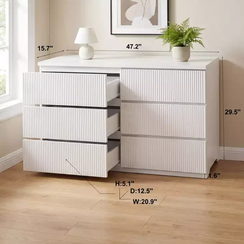 JVNOXK Modern White 6-Drawer Dresser with Wave Panel Fronts, Spacious Storage Chest of Drawers for Bedroom & Living Room