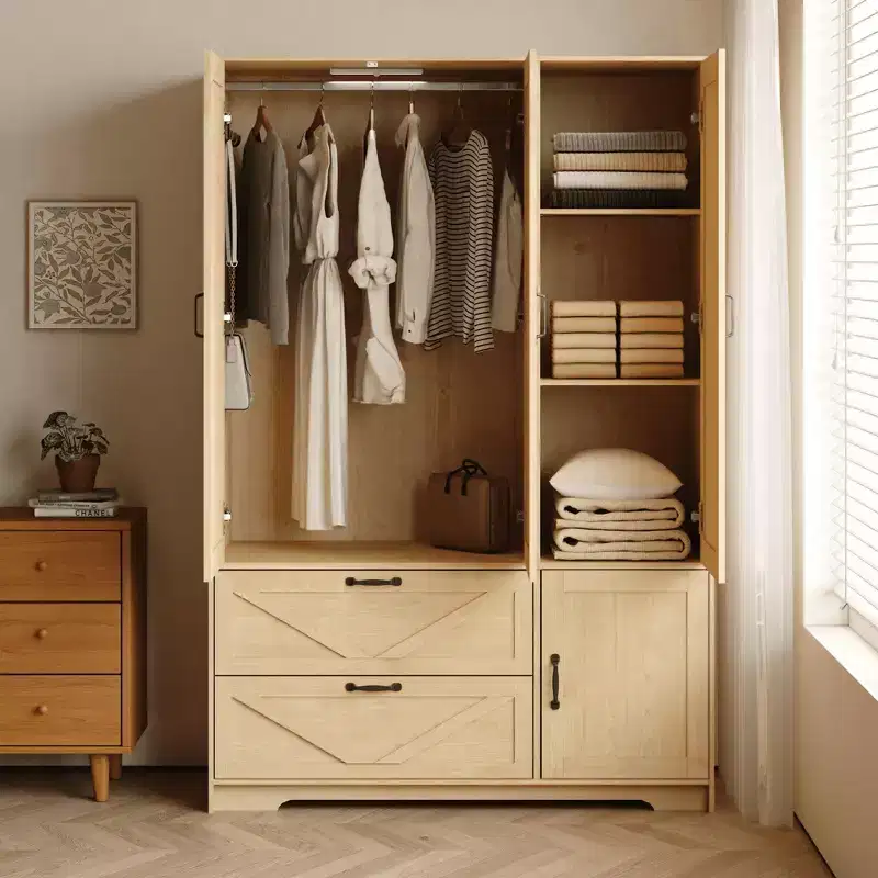 GDFStudio Prya Farmhouse Mirror Wardrobe Closet with LED Lights, Hanging Rod, 4 Doors and 2 Drawers