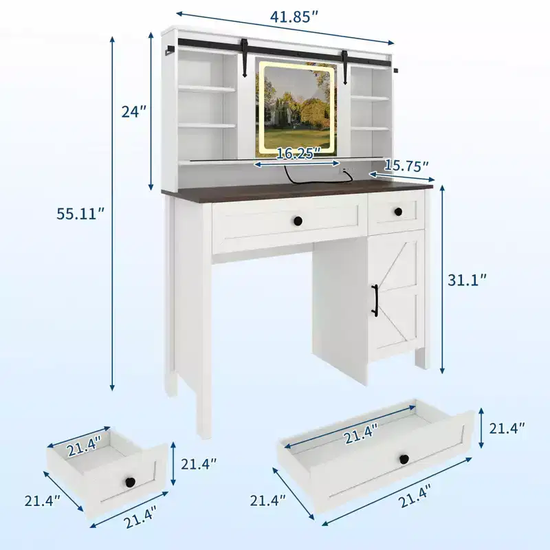 Vanity Desk with LED Lighted Mirror and Power Outlet, Makeup Table with 3 Drawers and Cabinet, Dressing Table with Shelves for Bedroom, White
