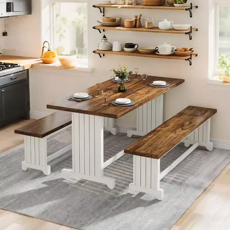 Lantine 47-Inch Small Dining Table Set for 2, 3-Piece Kitchen Table with Benches for Narrow Space, Apartment, White & Rustic Brown