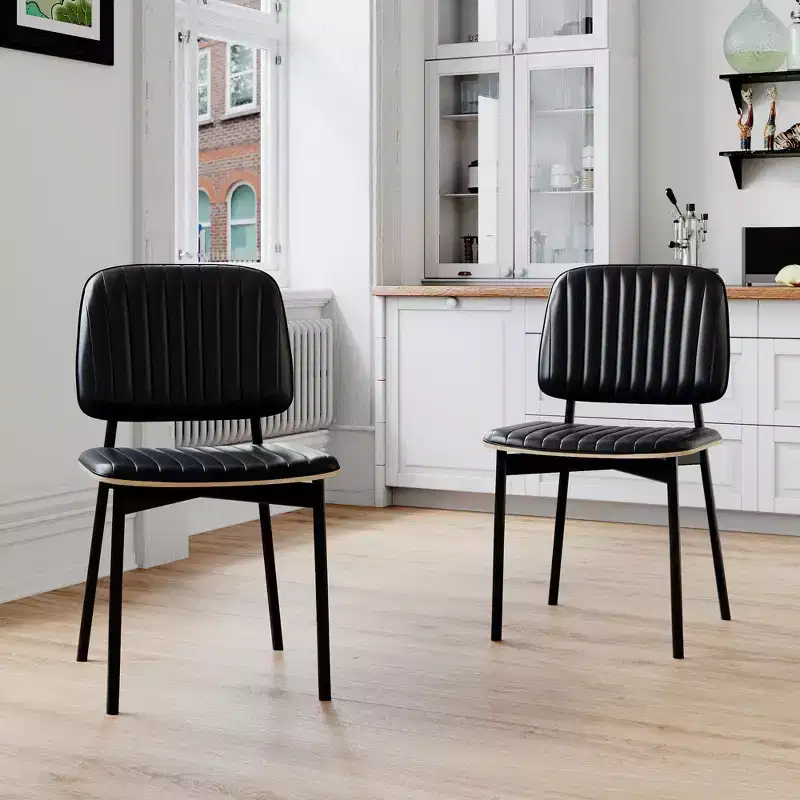 Farmhouse Dining Chair, Upholstered Leather Seat Back, Stylish Side Chair For Kitchen Dining Room Living Room, Black