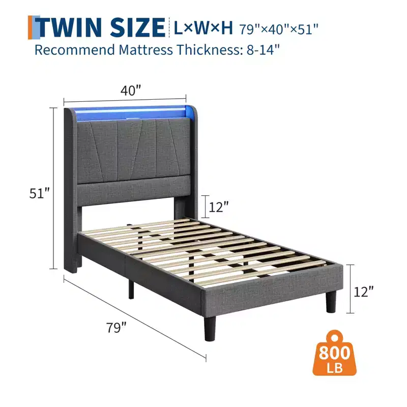 Bed Frame, Fabric Upholstered Platform Bed Frame with Headboard, Wooden Slats Support, No Box Spring Needed, Noise Free, Easy Assembly