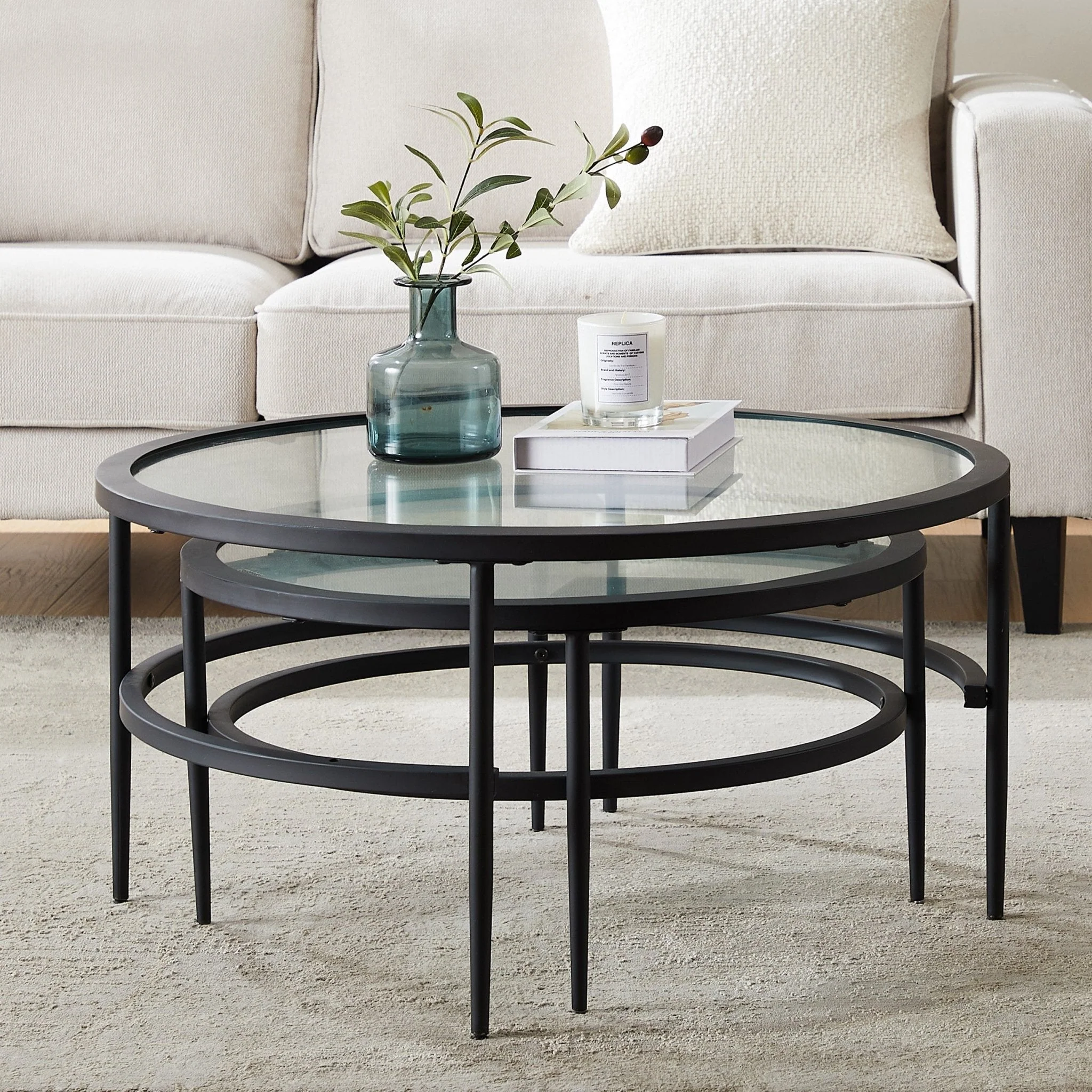 Contemporary Black Glass & Metal Coffee Table with Space-Saving Design for Living Room