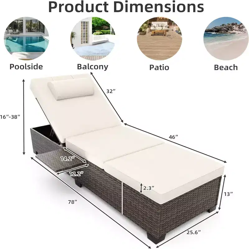 GustoWave 2 Pieces Outdoor PE Wicker Lounger Set, Pool Lounge Chair, Adjustable Backrest Lounger