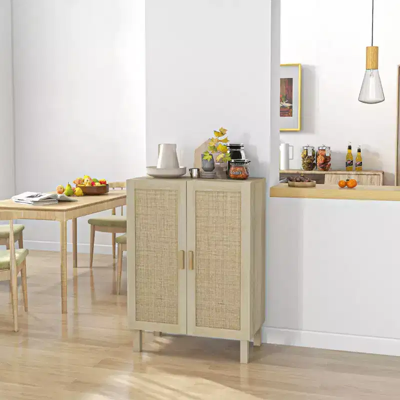 HOMCOM Buffet Cabinet, Storage Cabinet, Sideboard Floor Accent Cabinet with Rattan Doors and Adjustable Shelves for Living Room, Natural