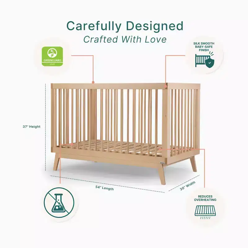 3-in-1 Convertible Crib, Solid European Beechwood, GREENGUARD Gold Certified, Made in Italy
