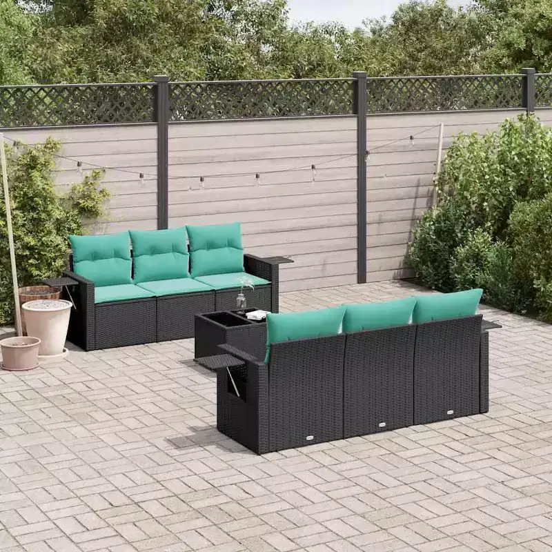 vidaXL 7 Piece Garden Sofa Set with Cushions Black and Blue Poly Rattan