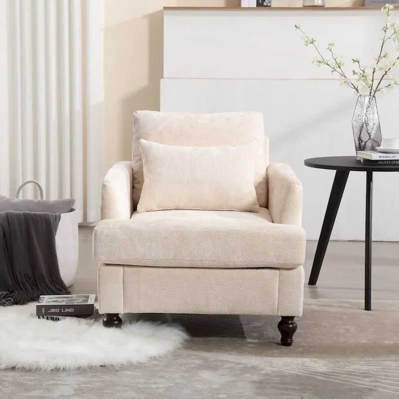 Beige 29.53 Chenille Upholstered Arm Chair with Solid Wood Frame and Cushions