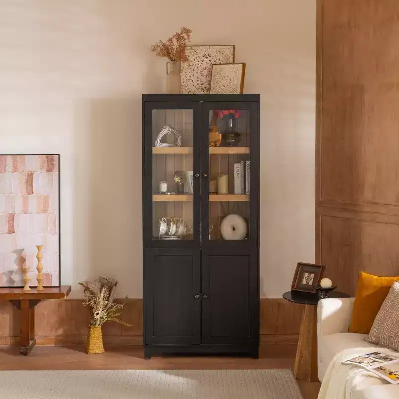 Modern Display Buffet Cabinet with Glass Doors & Adjustable Shelves, Bookshelves Pantry Cabinet for Kitchen/Hallways/Living Room