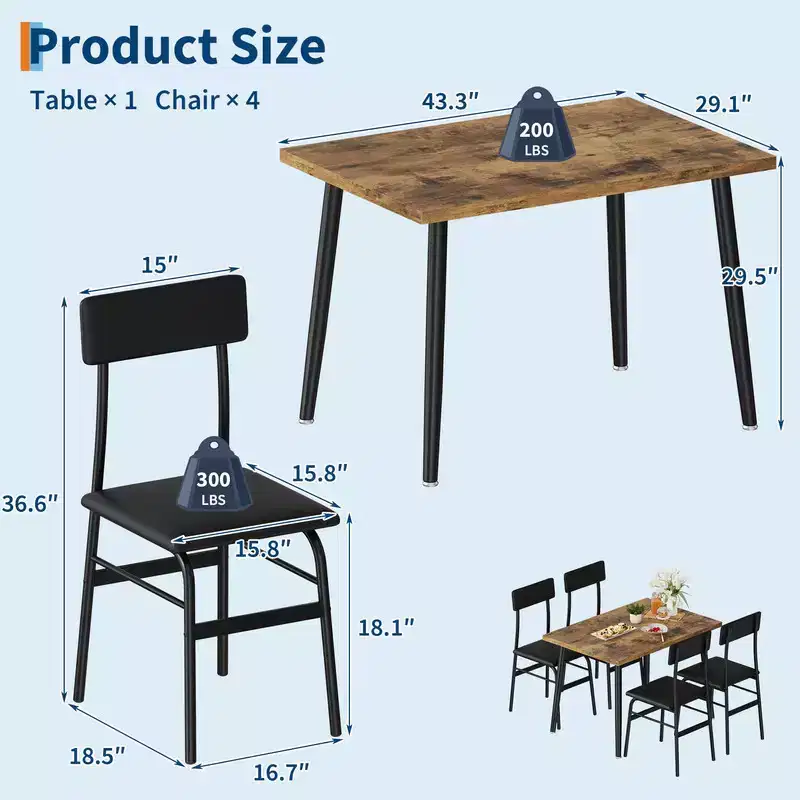 Dining Table Set for 4, 5 Piece Kitchen Table Set with 4 Upholstered Chairs, Ideal for Small Space, Dining Room, Apartment, Restaurant