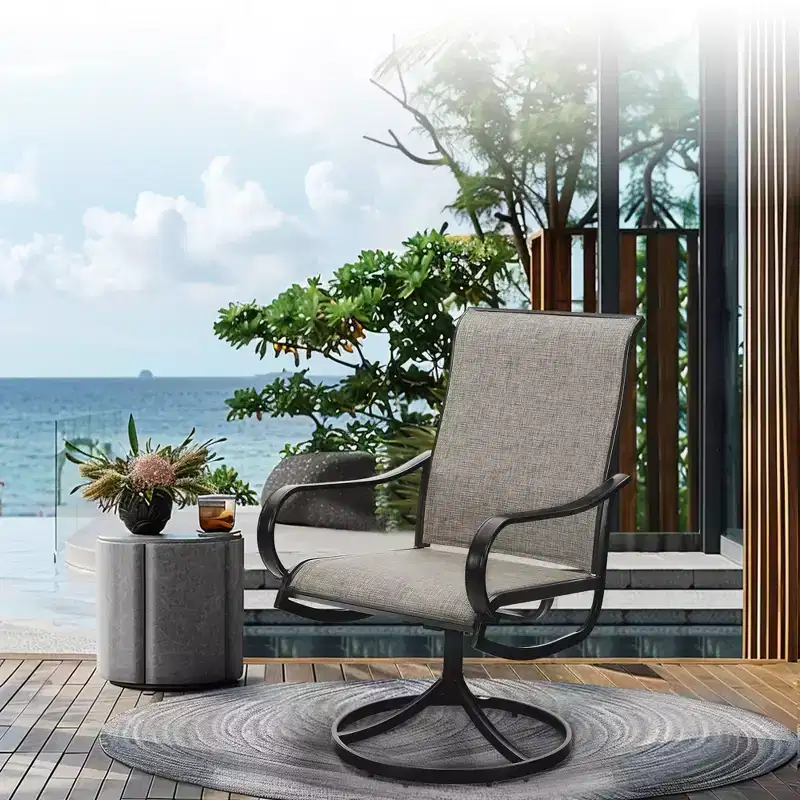 Captiva Designs 7pc Outdoor Patio Slat-top Rectangle Steel Dining Table & Grayish Brown Sling Swivel Chairs