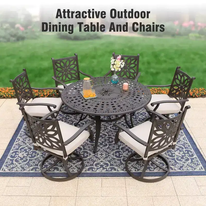 Captiva Designs 7PC Cast Aluminum Patio Dining Set with Round Table & Flower Back Chairs
