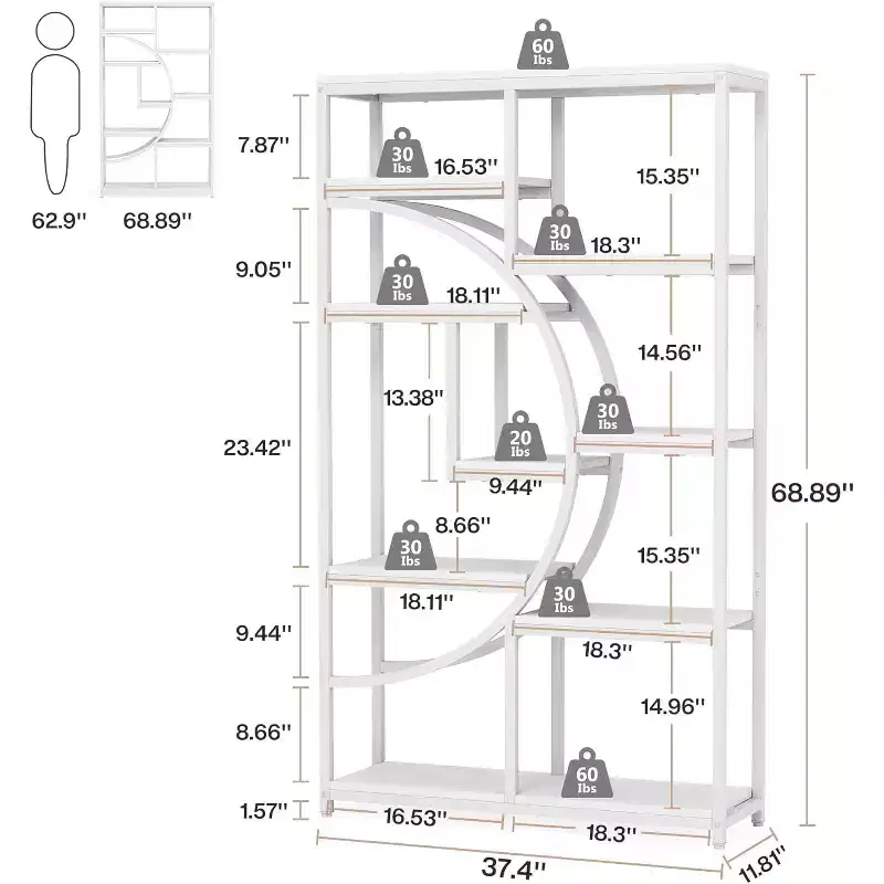 Lantine Bookshelf Industrial 5 Tier Etagere Bookcase: Freestanding tall organizer with 9-open storage shelves for living room, bedroom.