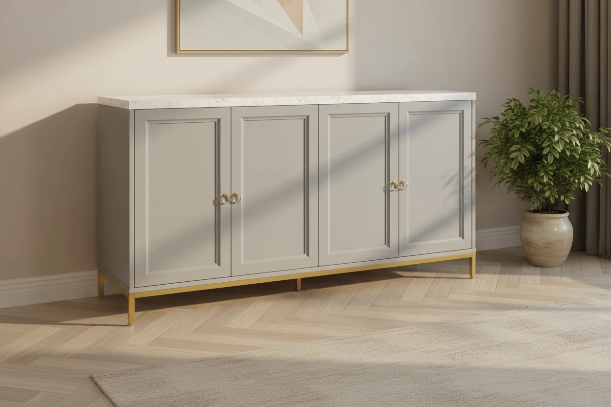 Four-Door Sideboard with Adjustable Shelves and Metal Handles