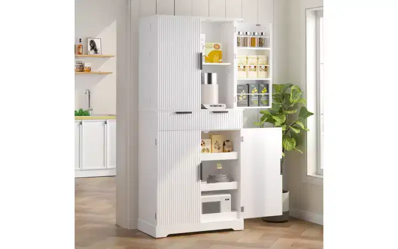 Zevemomo 72 Fluted Kitchen Pantry Cabinet with 3 Drawers & 6 Adjustable Shelves, Freestanding Storage Cupboard for Bathroom Dining Room Office, White