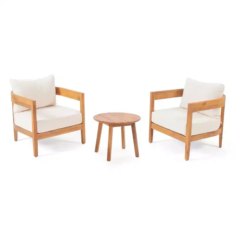 Christopher Knight Home Brooklyn Outdoor 3pcs Acacia Wood Chat Set with Cushions, Beige