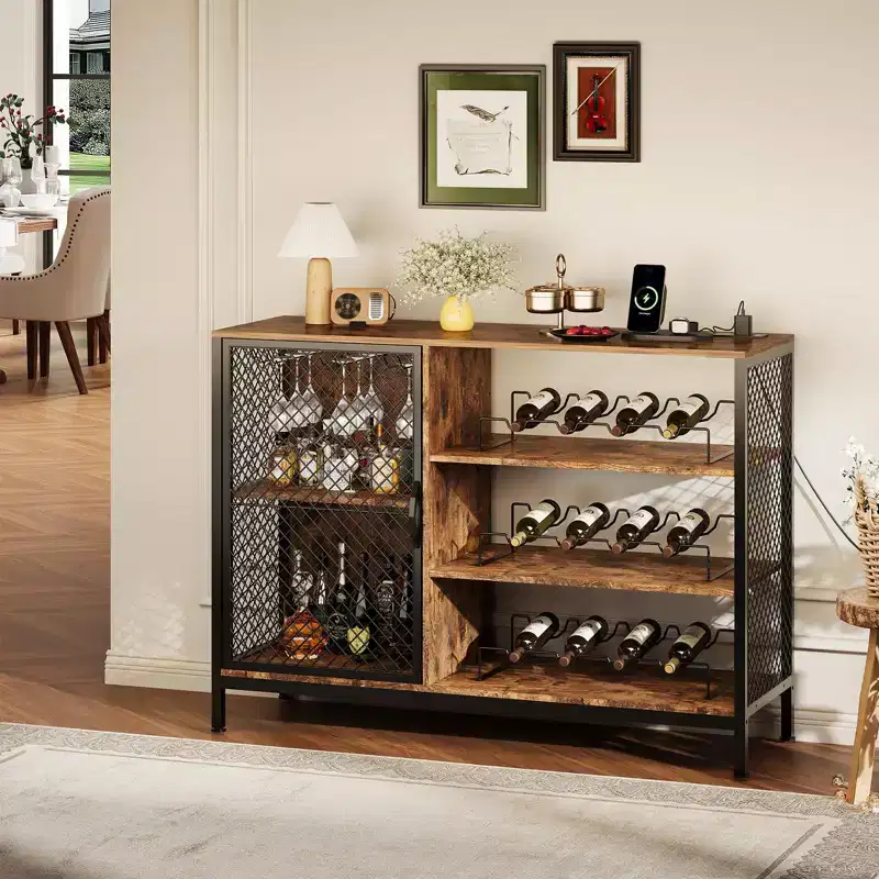 COZONY 42 Industrial Coffee Bar Cabinet with LED Lights, Power Outlets & Glass Storage for Home & Dining Room