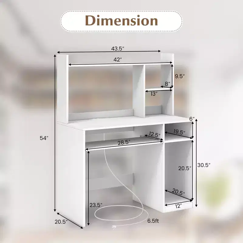 Computer Desk with Charging Station Hutch and CPU Stand White