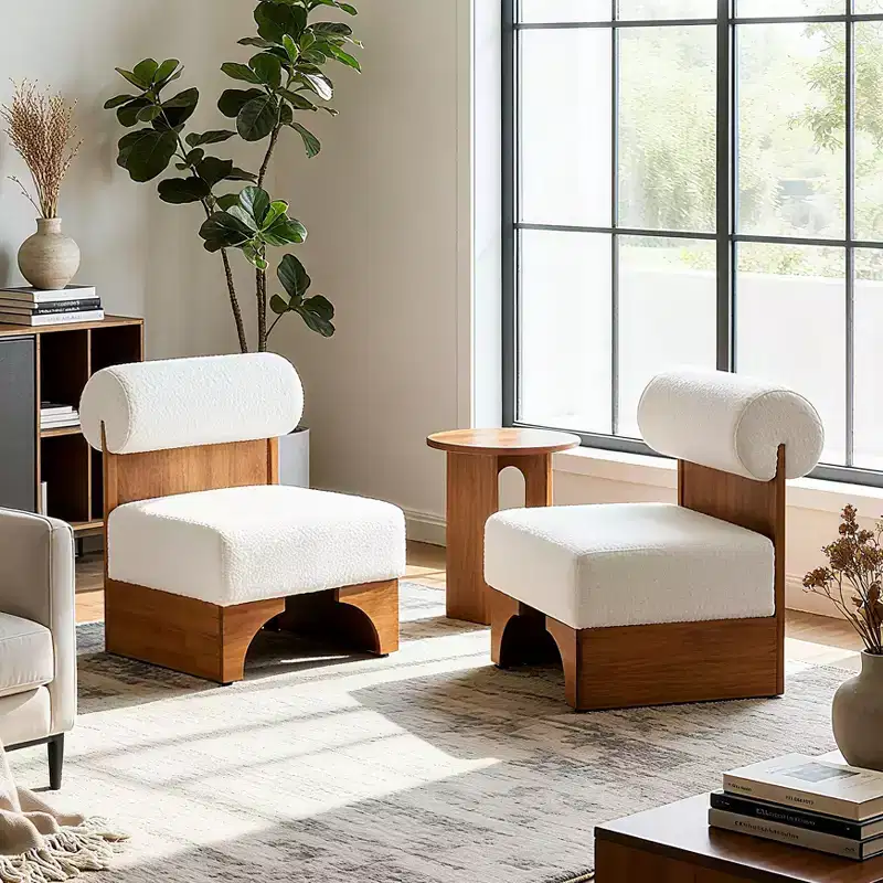 Rubberwood Boucle Upholstered Accent Chair with Rolled Backrest