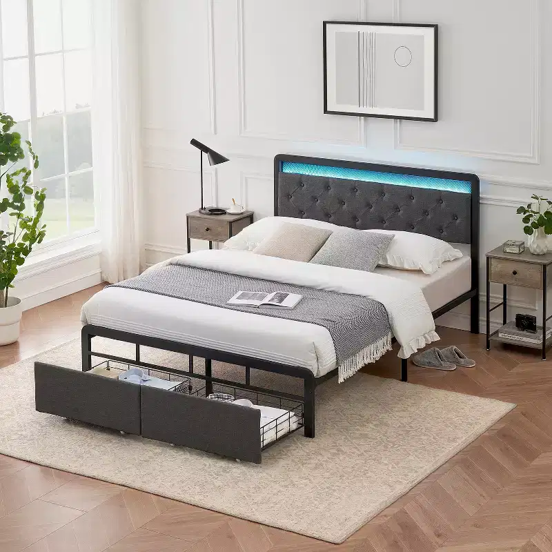 Full Size Upholstered Bed Frame with Storage Drawers & Button Tufted Headboard, Strong Wooden Slats Support Mattress Foundation, No Box Spring Needed