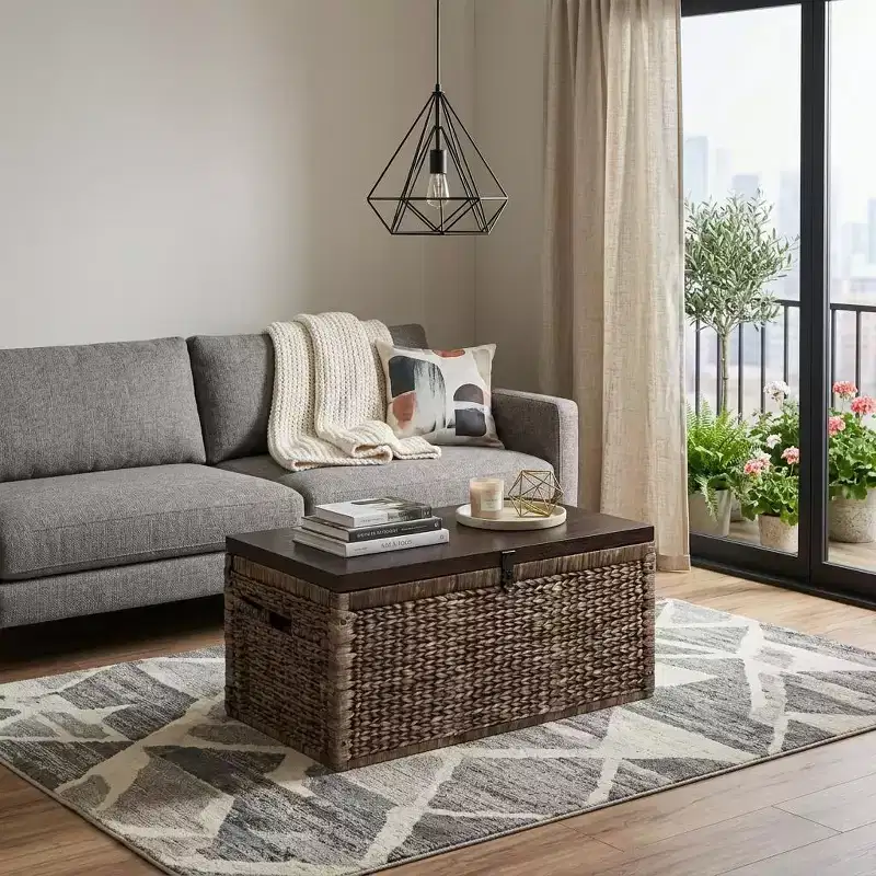 HomeRoots 38 Brown Wood And Wicker With Iron Coffee Table