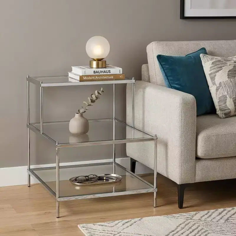 Silver & White Glass Mirrored End Table, 24