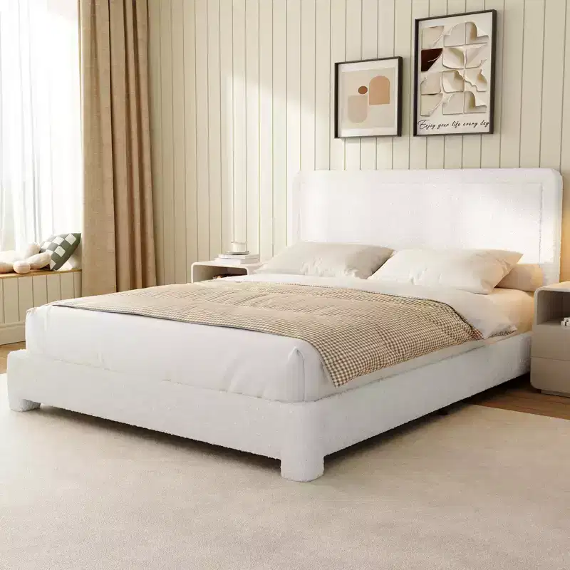 Upholstered Boucle Platform Bed Frame with Adjustable Headboard & Soft Rounded Corners