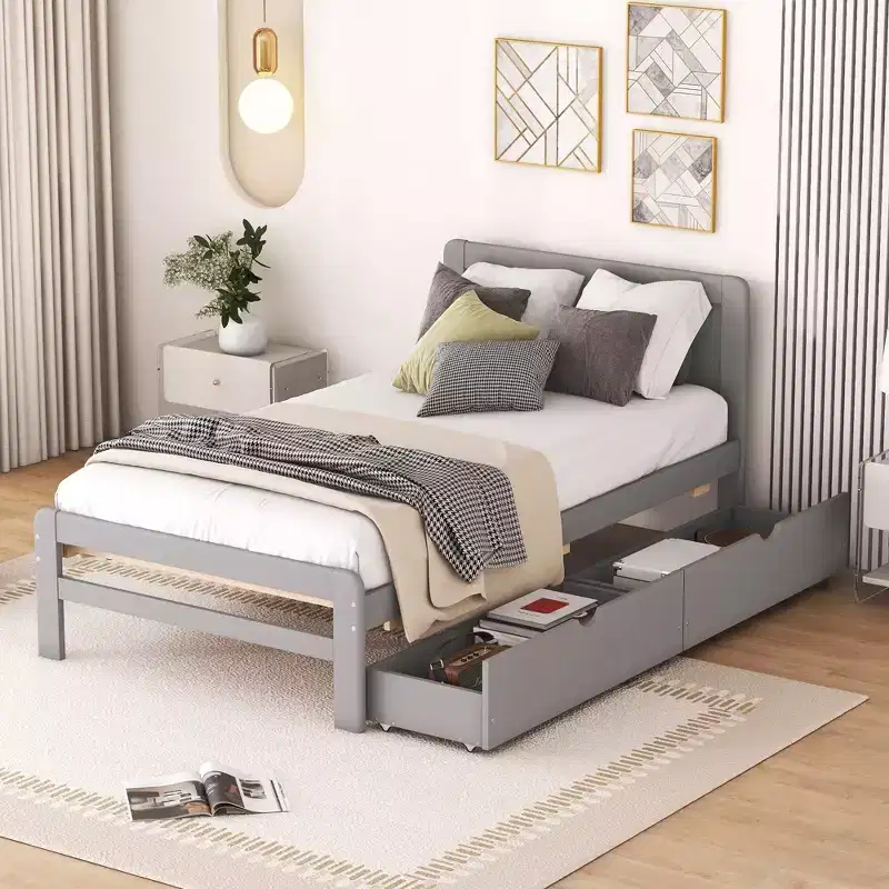 Twin Modern Platform Bed Frame with 2 Storage Drawers, Sturdy Wooden Platform Bed, Noiseless, No Springs Required