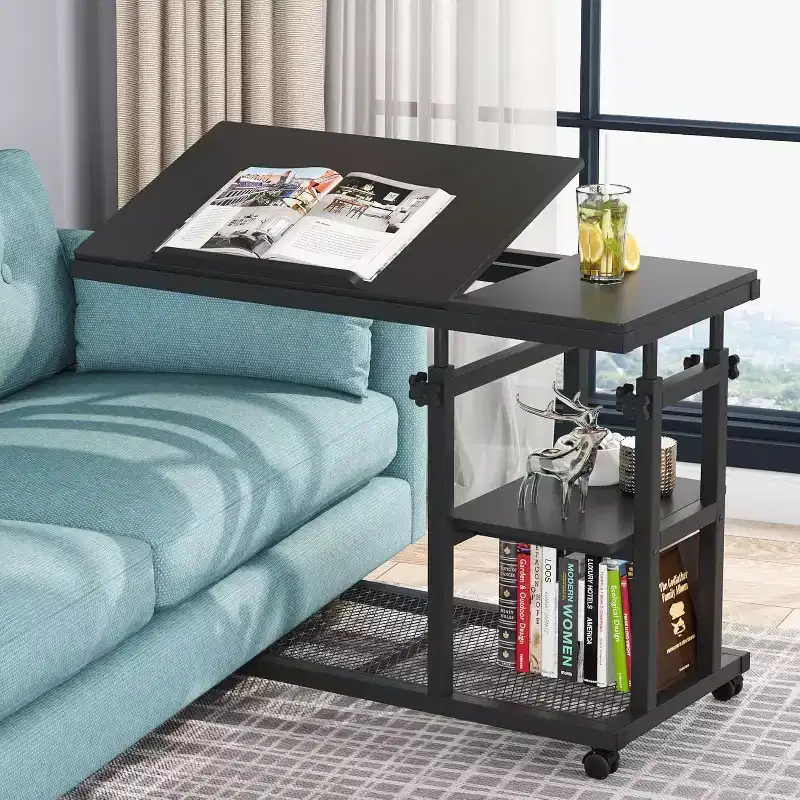 Height Adjustable End Table, C-Type Side Table with Wheels