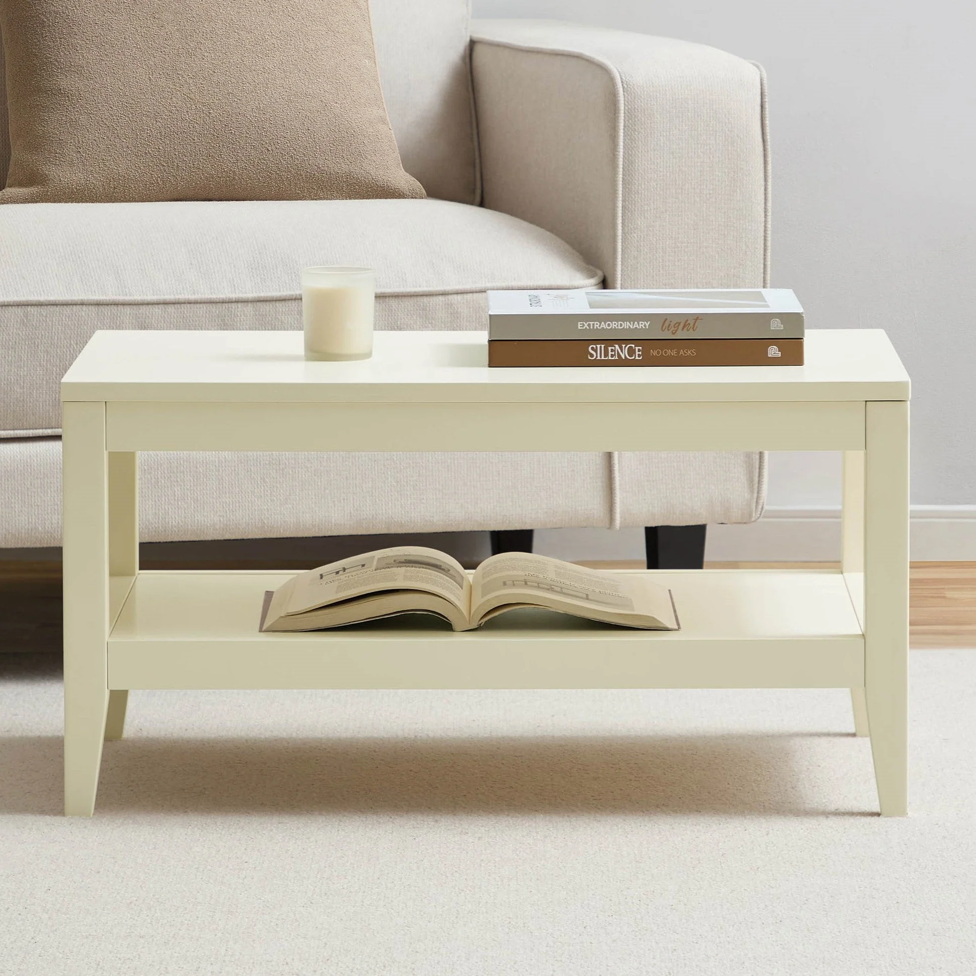 Modern Cream Painted Coffee Table with Open Shelf Storage for Living Room