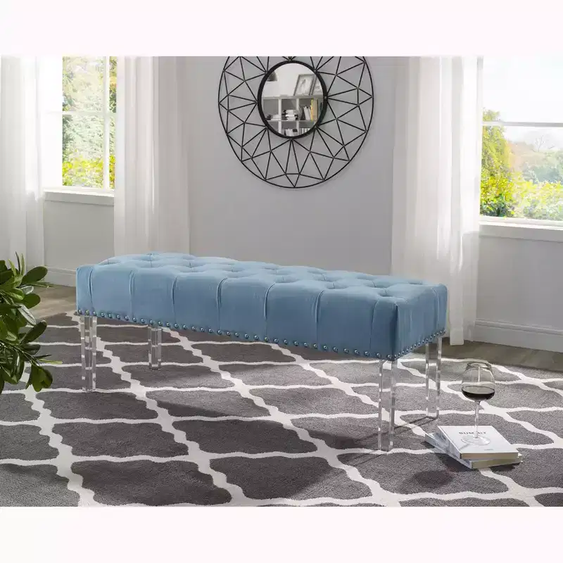 Button-Tufted Velvet Upholstered Bench with Acrylic Legs, Blue