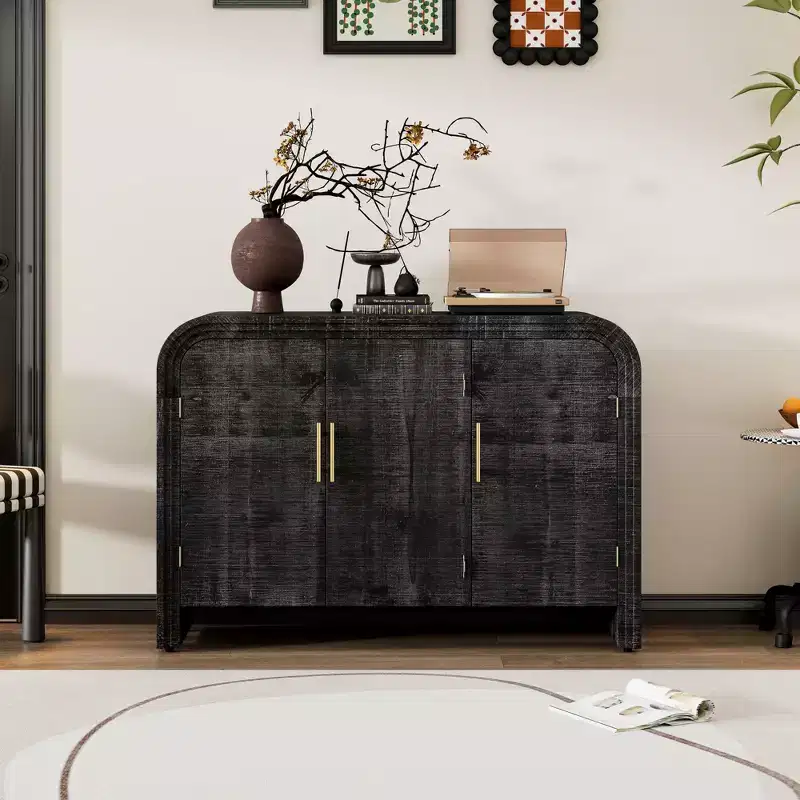 MAYEERTY Retro Curved Sideboard with Gold Handles Adjustable Divides for Living Room Dining Room Antique Black