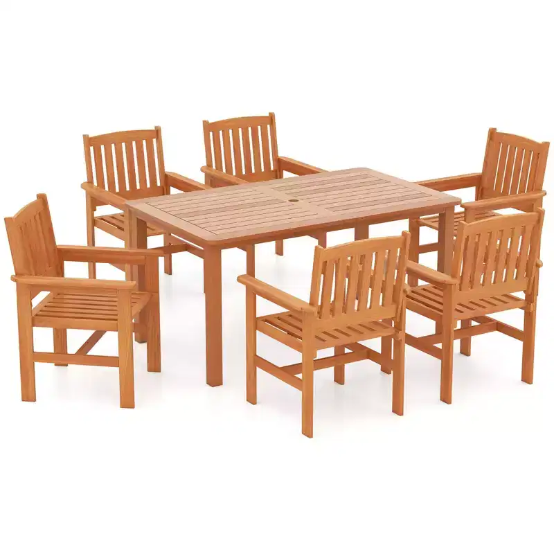 Costway 7 PCS Patio Wood Dining Table Set with 2 Umbrella Hole Outside Furniture Set