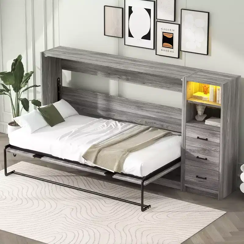 GDFStudio Bennett Metal and Wood Murphy Bed, Folded into a Cabinet