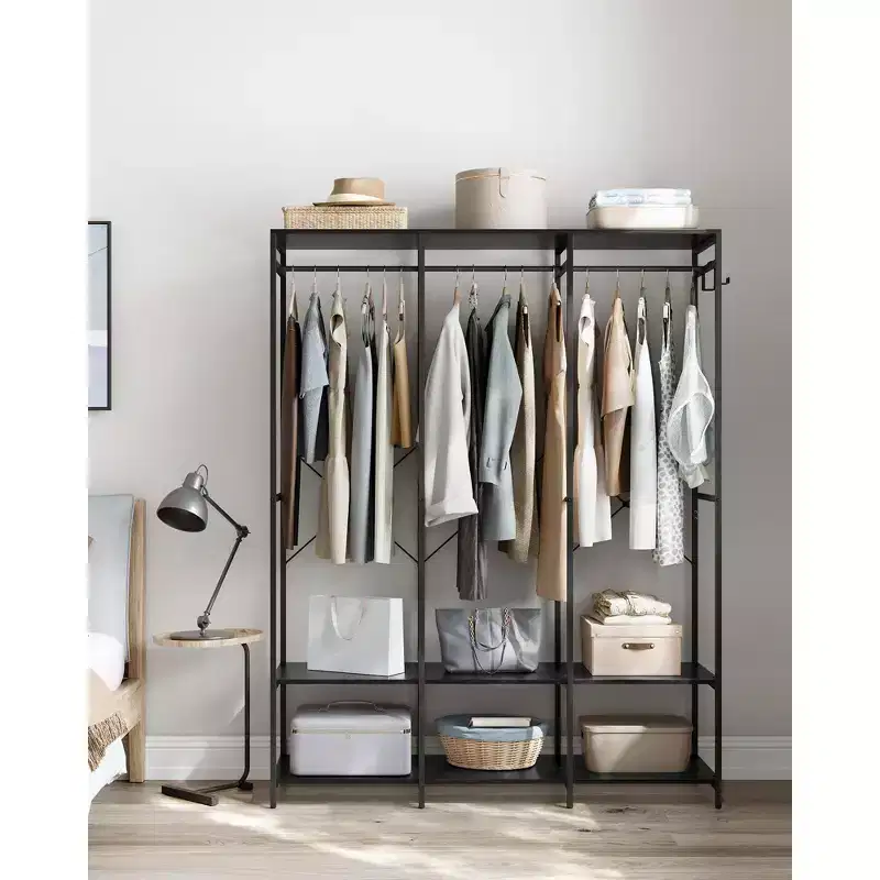 Iron and Wood Wardrobe Closet Organizer, Heavy Duty Garment Rack with Hanging Rods