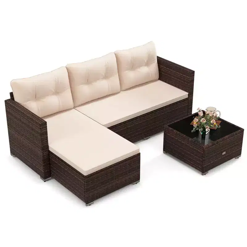 Costway 4 Seats Outdoor Wicker Furniture Set with Tempered Glass Coffee Table & Soft Cushions