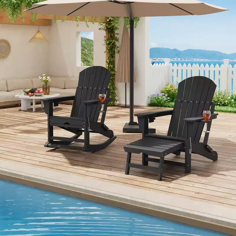 Adirondack Outdoor Rocking Chairs with Two Cup Holders, HDPE All Weather Outdoor Adirondacks Rocking Chair with Retractable Ottoman