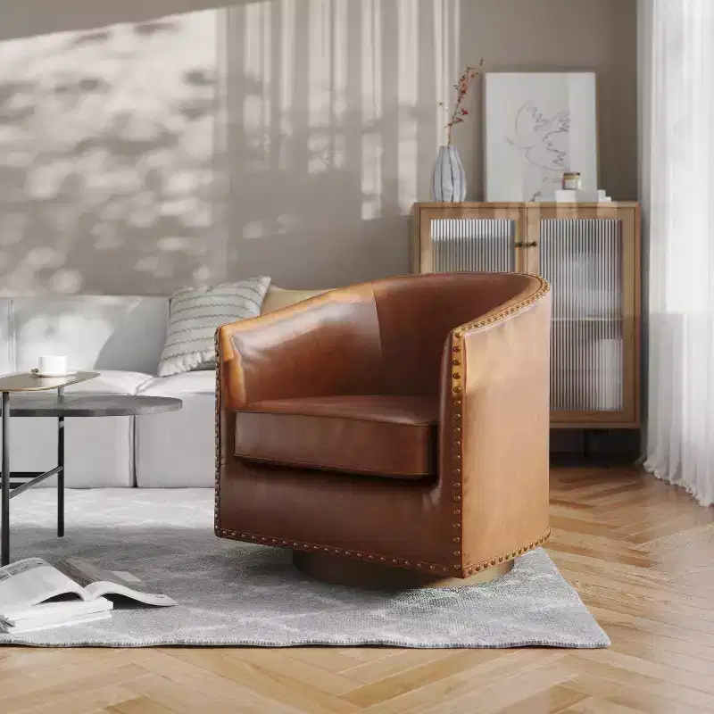 Flash Furniture Myles Club Style Commercial Barrel Accent Armchair with 360 Swivel Metal Base and Upholstery with Decorative Nail Head Trim