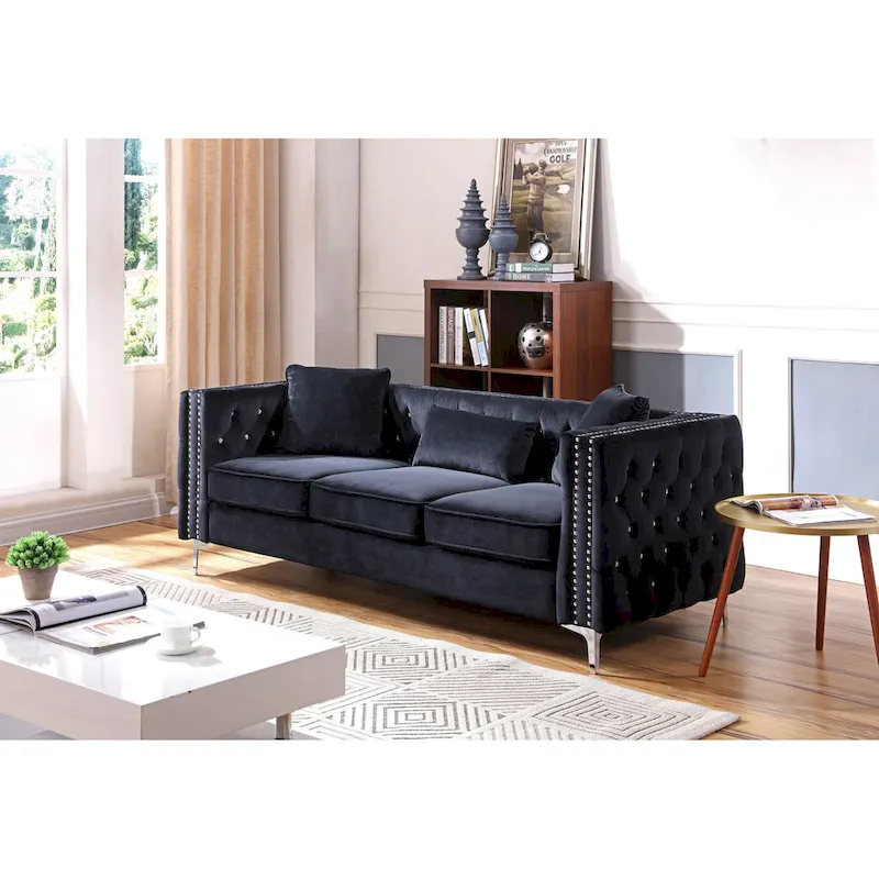 Paige 86 in. Tufted Velvet 3-Seater Sofa with 2-Throw Pillow - 86L x 34W x 30H