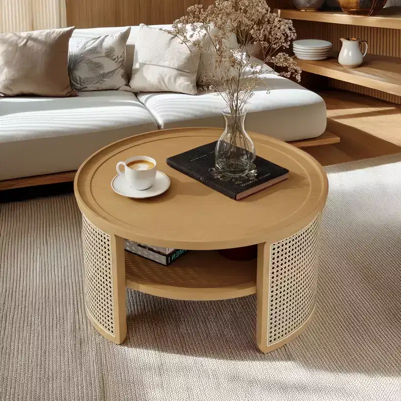 Okak 4-Pc Modular Rattan Coffee Table, Convertible Round/Square with Storage, Solid Wood & Weaving Center Table for Living Room