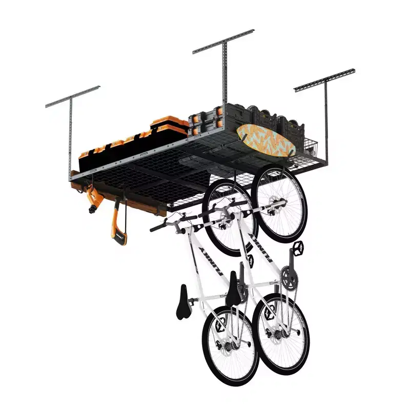 FLEXIMOUNTS OHK46B-E 4'x6' Overhead Garage Storage Ceiling Storage Rack with 8 Accessory Hooks Black: Steel Tote Rack, 450 lb Capacity