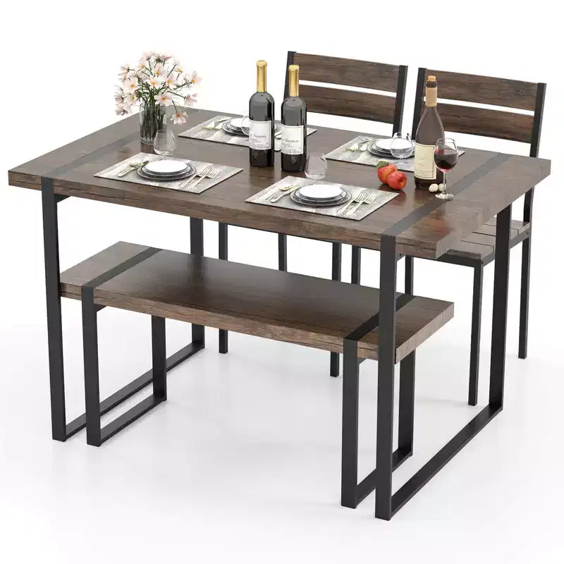 Costway 47 Dining Table Set for 4, Wooden Kitchen Table with 2 Chairs & Bench, Metal Frame
