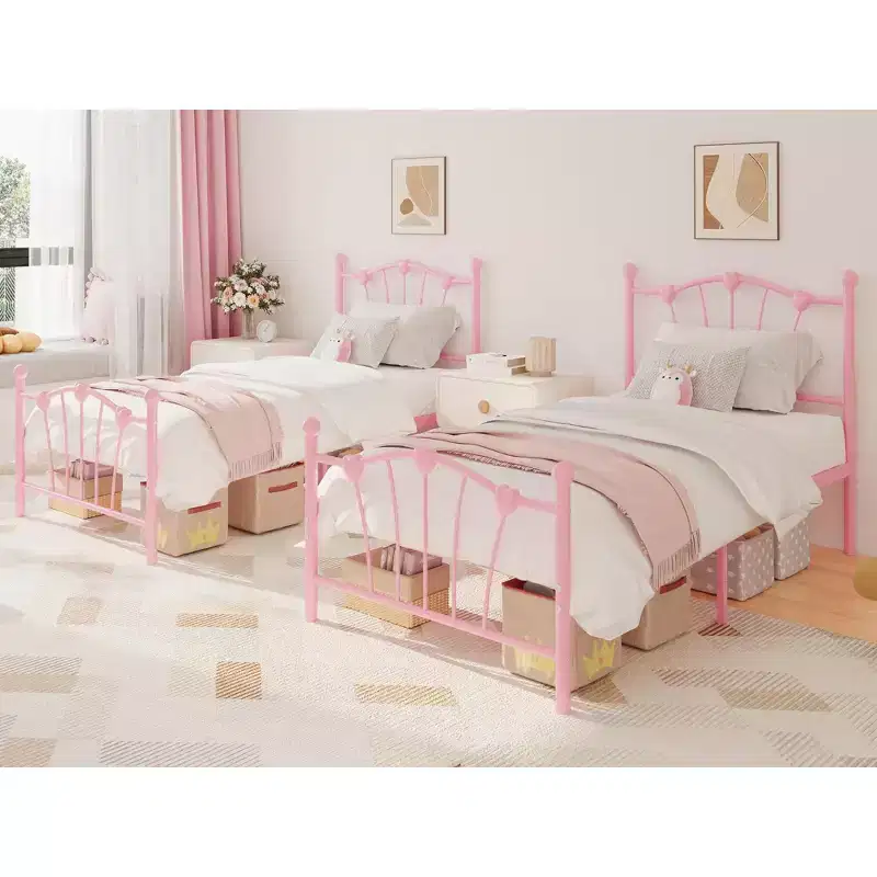 Twin Size Bed FrameHeart-Shaped Metal Bed Frame with Headboard/Footboard & Underbed StorageNo Box Spring Needed