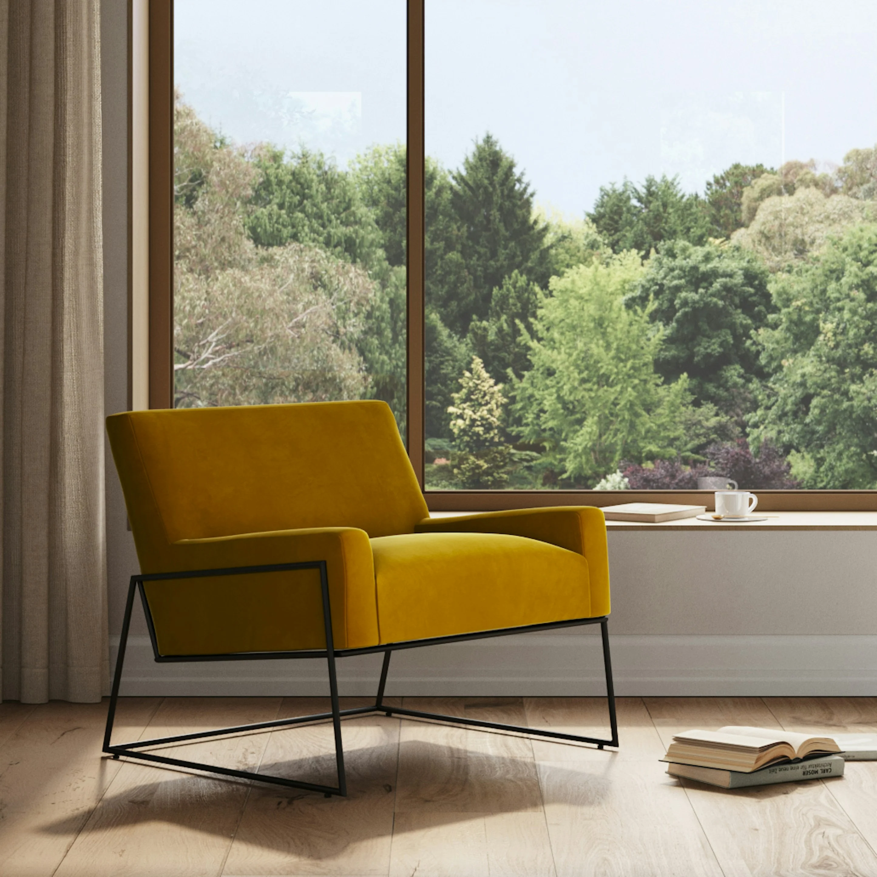 Modern Mustard Gold Fabric Armchair with Powder-Coated Aluminum Frame for ing Room