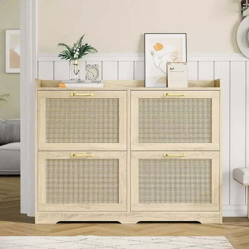Acekool Natural Rattan 4 Drawer Shoe Cabinet with Lift-Up Drawers and Adjustable Shelves for Entryway Hallway